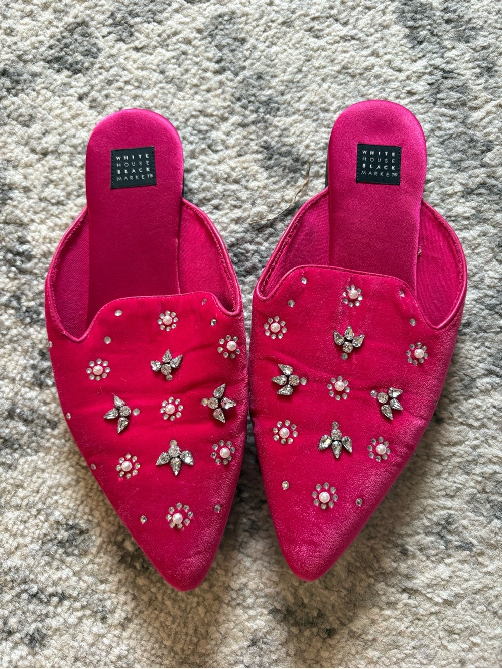 White House Black Market Hot Pink Jeweled Pointed Toe Slip-On Mules
